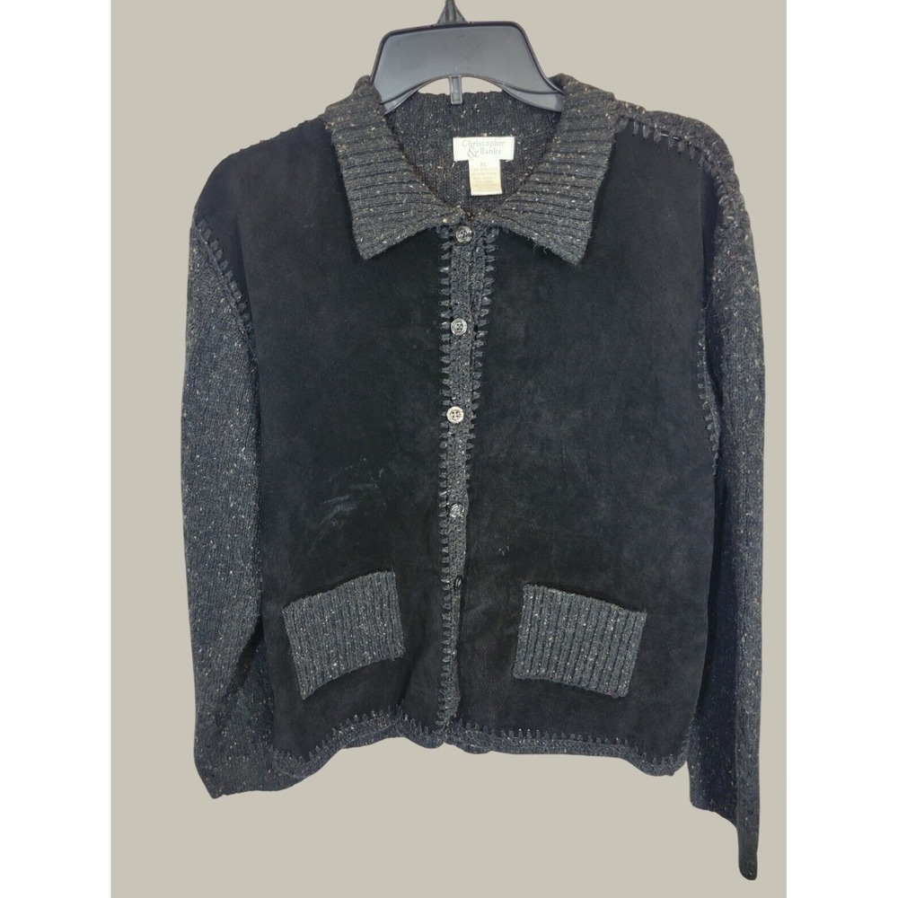 Christopher & Banks Cardigan Sweater Vintage Leather Knit Boho Y2K Black Gray XL